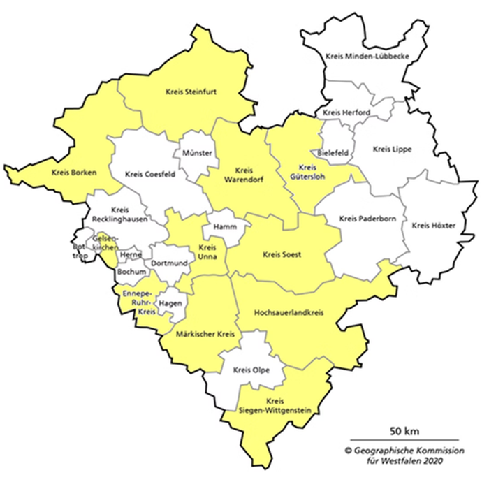 Ansicht der Kreise und Städte in Westfalen-Lippe. Die beteiligten Orte/Kreise/Städte sind in Gelb markiert.