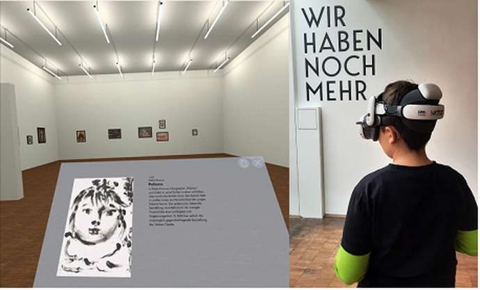 Die virtuelle Umgebung der Anwendung auf der linken Seite und der Benutzer mit VR-Brille auf der rechten Seite